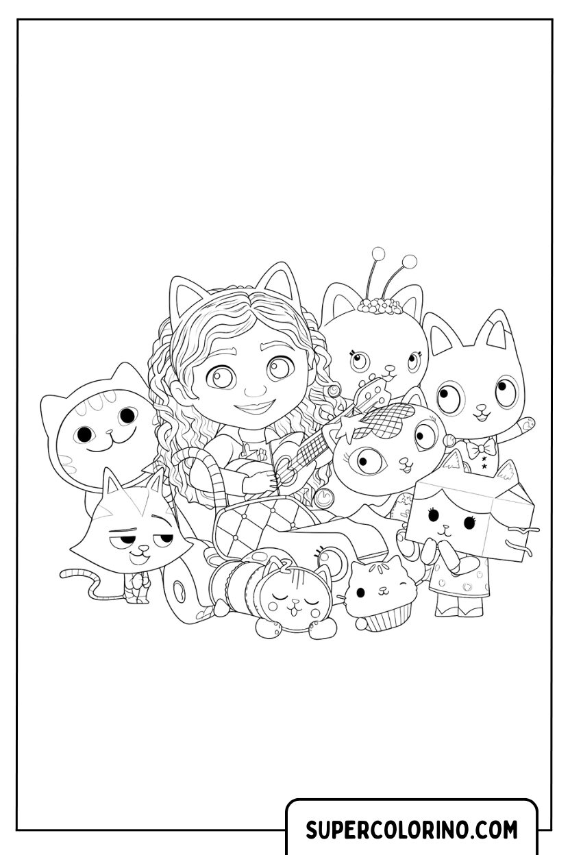 Disegno di Gabby e tutti i gattini amici da colorare