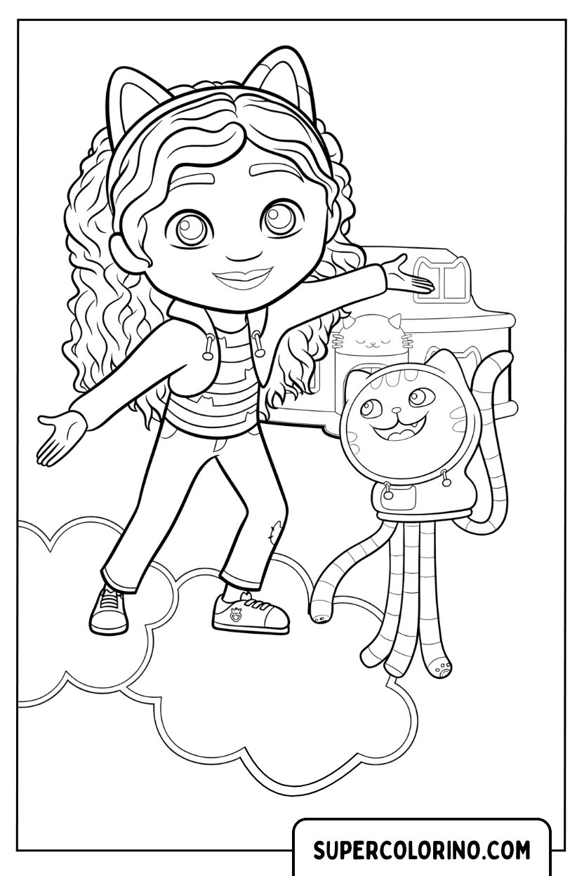 Coloriage Gabby au-dessus d'un nuage avec DJ Catnip