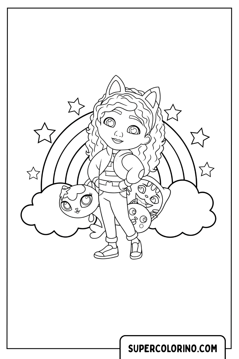 Coloriage Gabby dans les nuages ​​et l'arc-en-ciel