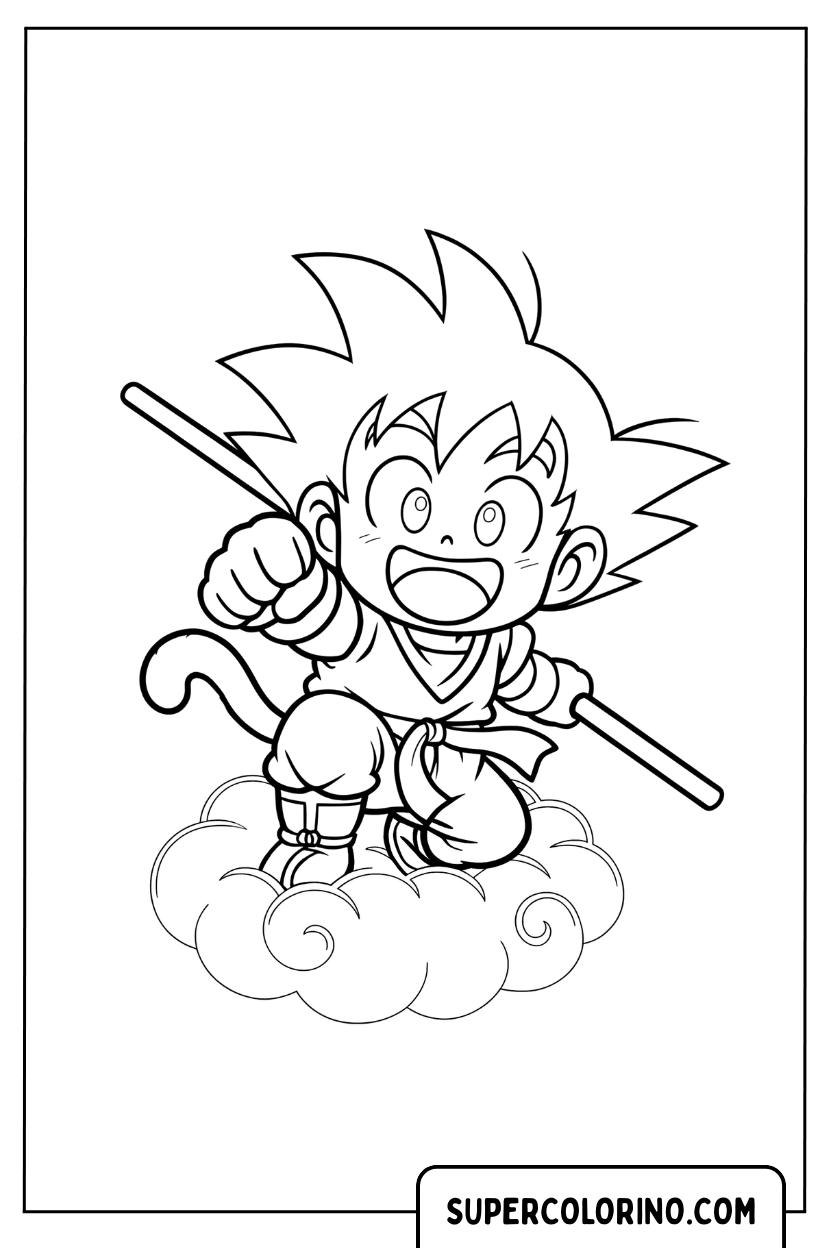 Kind-Goku auf der schnellen Wolke mit der Malvorlage „Stab“.