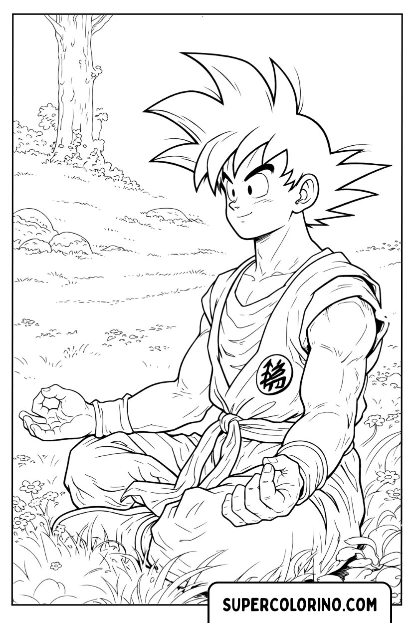 Ausmalbild: Goku meditiert in der Natur