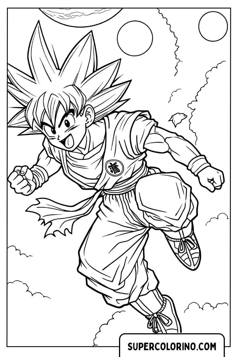 Ausmalbild: Goku fliegt im Weltraum