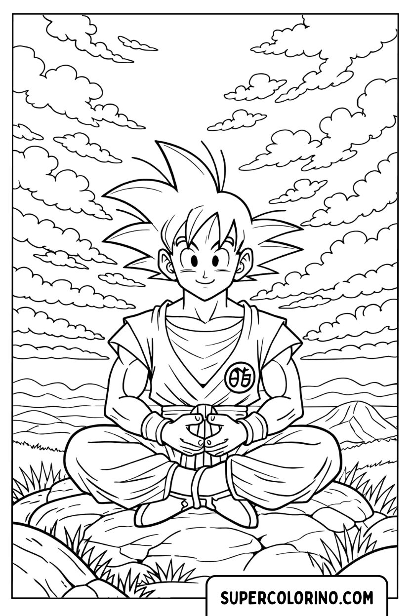 Ausmalbild: Goku sitzt bei Sonnenuntergang