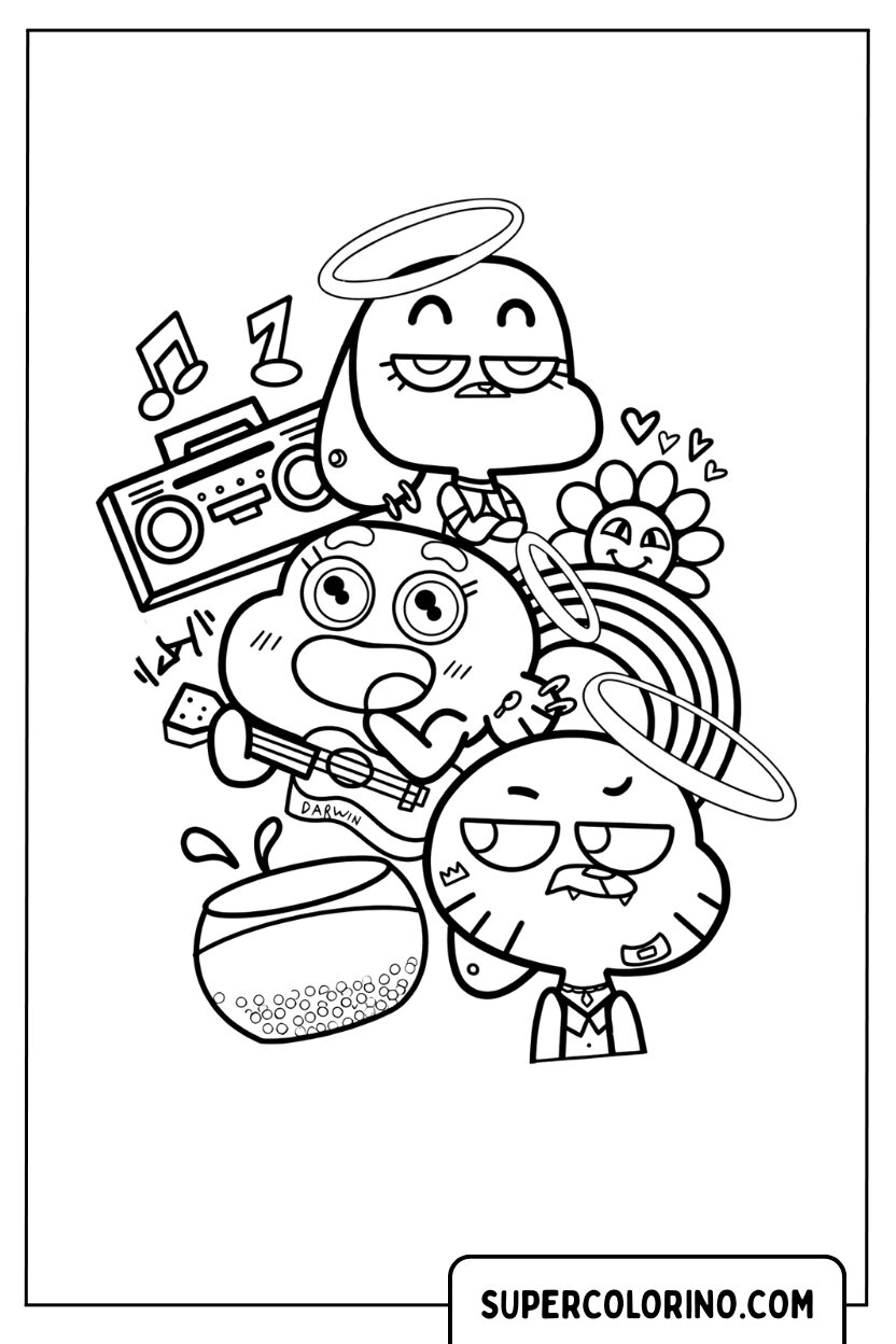 Malvorlage Gumball, Darwin und das Stereo