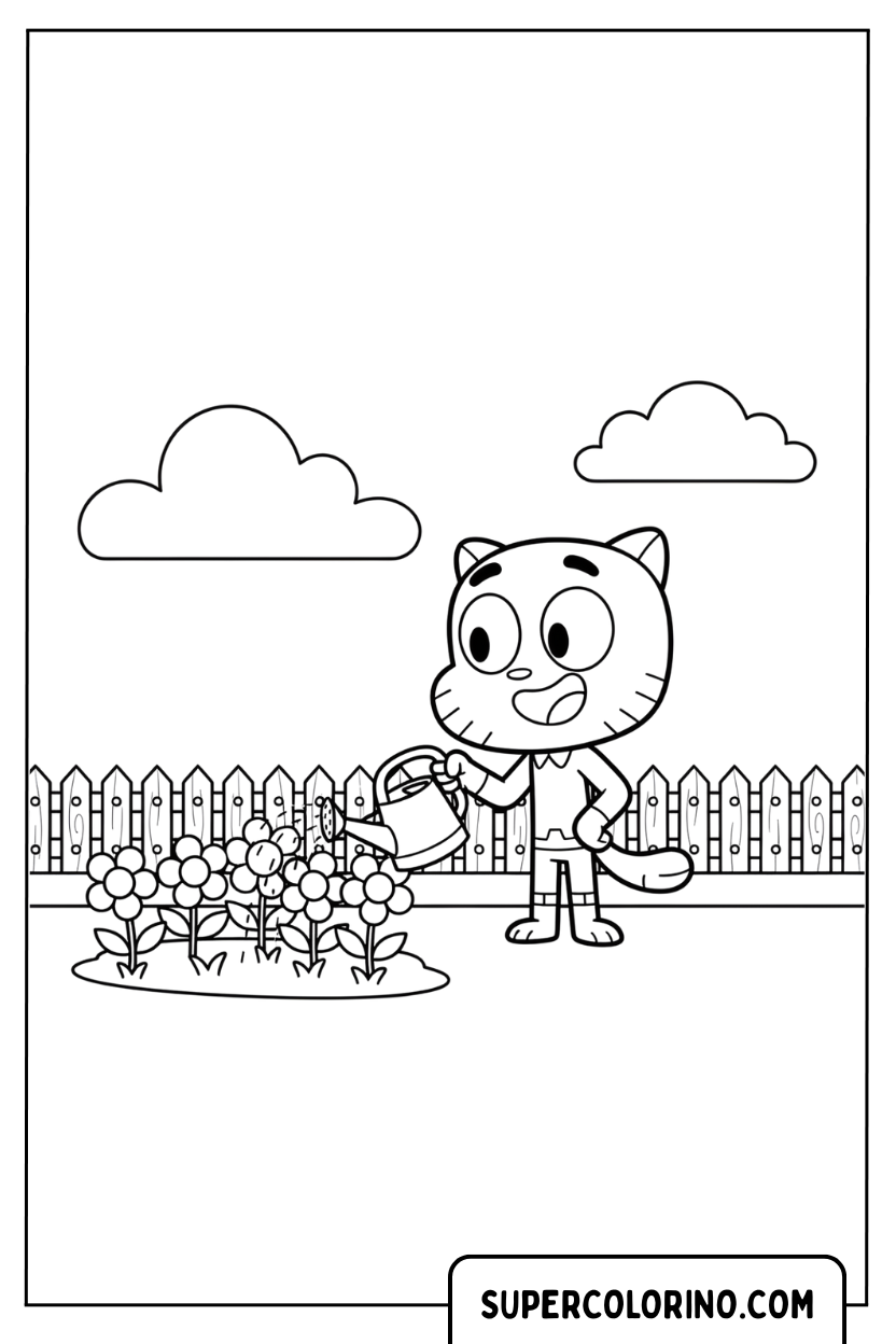 Gumball gießt die Blumen im Garten zum Ausmalen