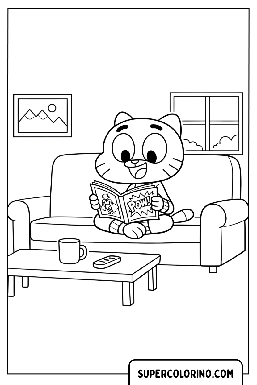 Gumball liest einen Comic auf dem Ausmalbild der Couch