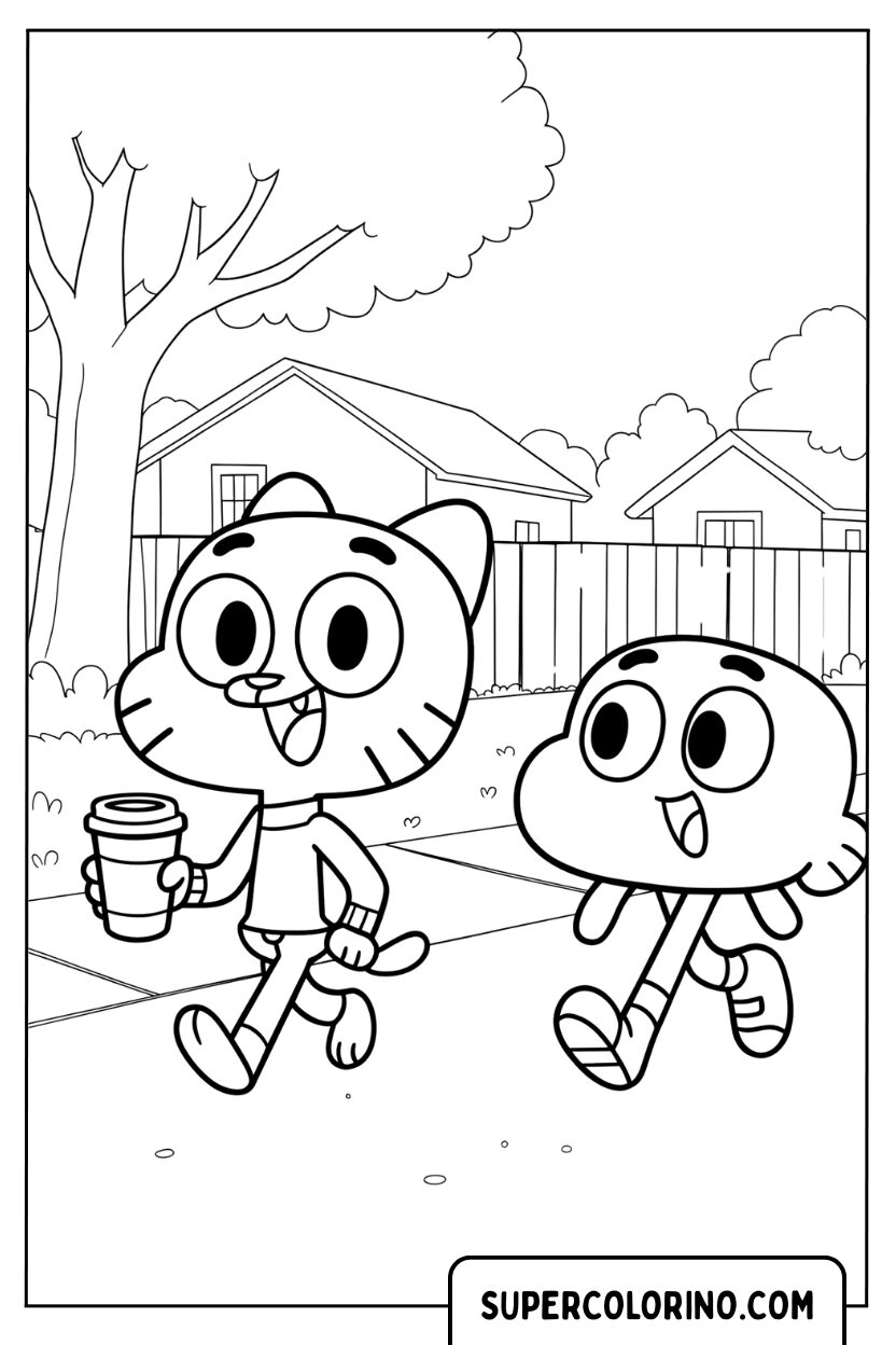 Ausmalbild: Gumball und Darwin gehen mit einem Getränk spazieren