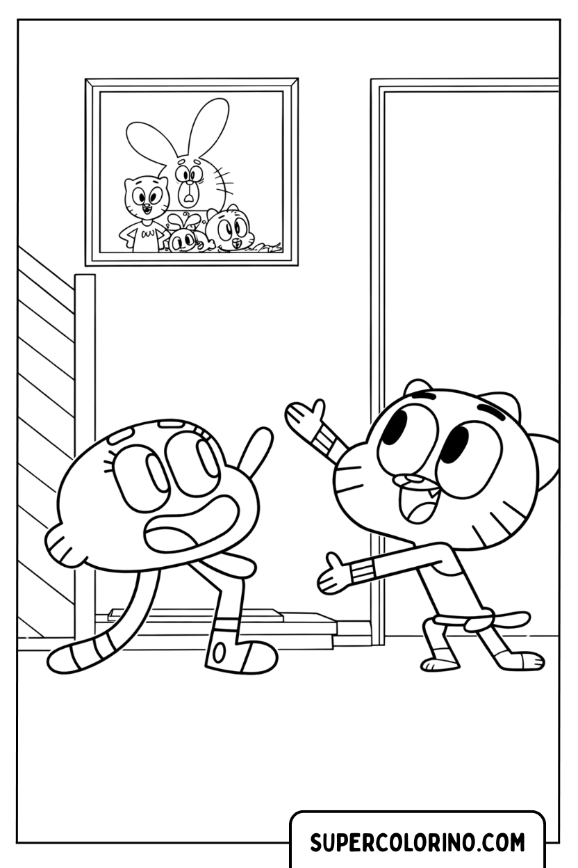 Ausmalbild: Gumball und Darwin spielen zu Hause
