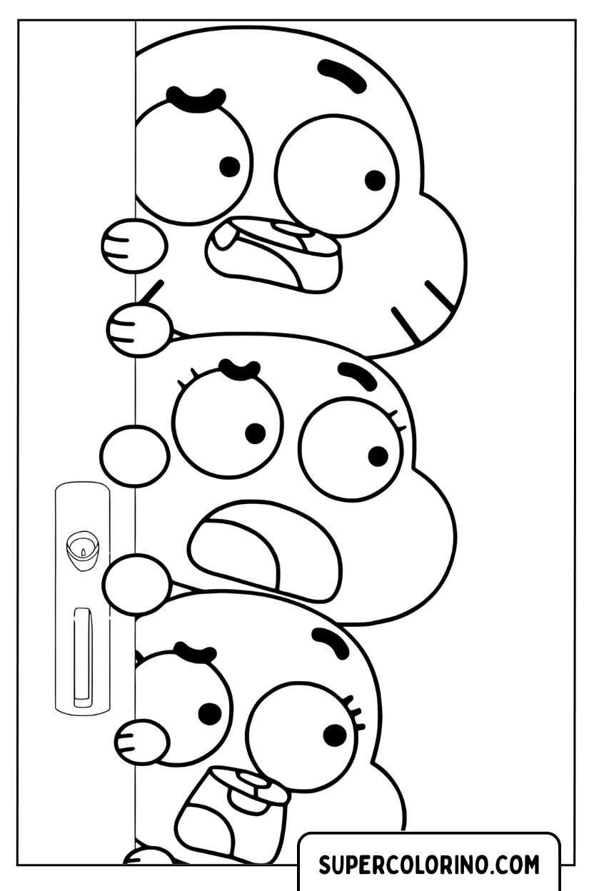 Ausmalbild: Gumball und seine Freunde tauchen hinter der Tür auf