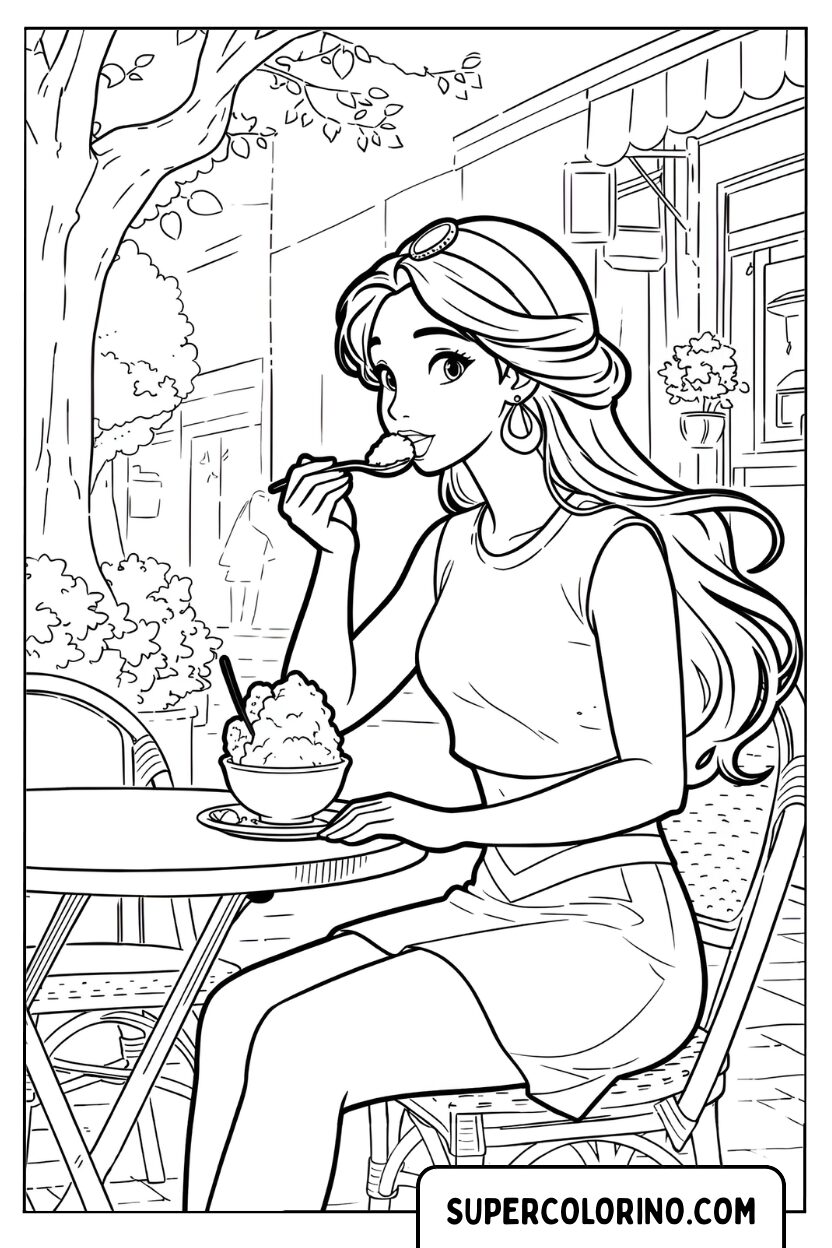 Ausmalbild: Jasmine an der Bar im Freien