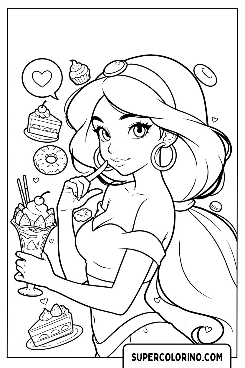 Disegno di Jasmine che mangia dolci da colorare