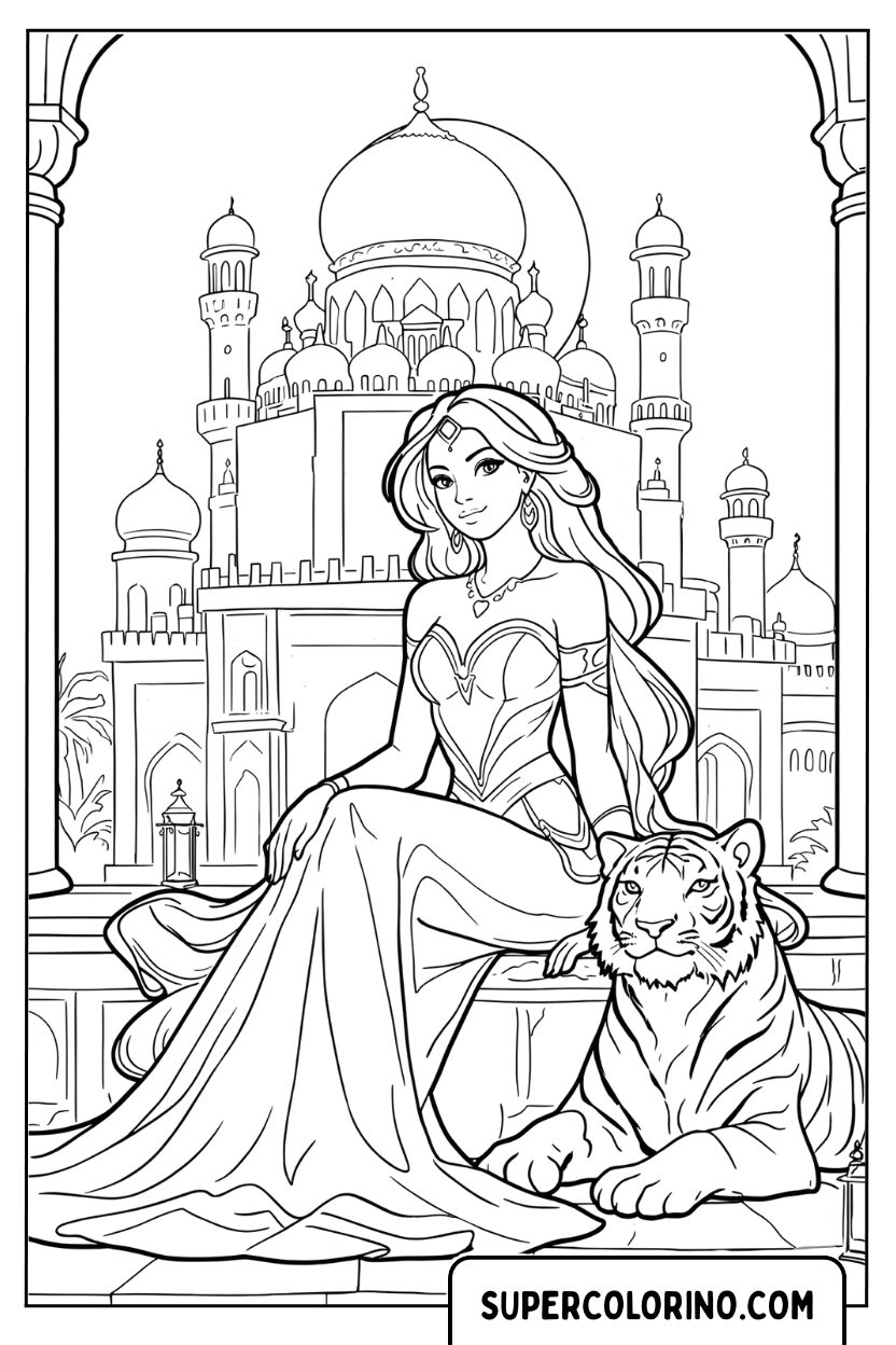 Ausmalbild: Jasmine und Rajah vor dem Palast