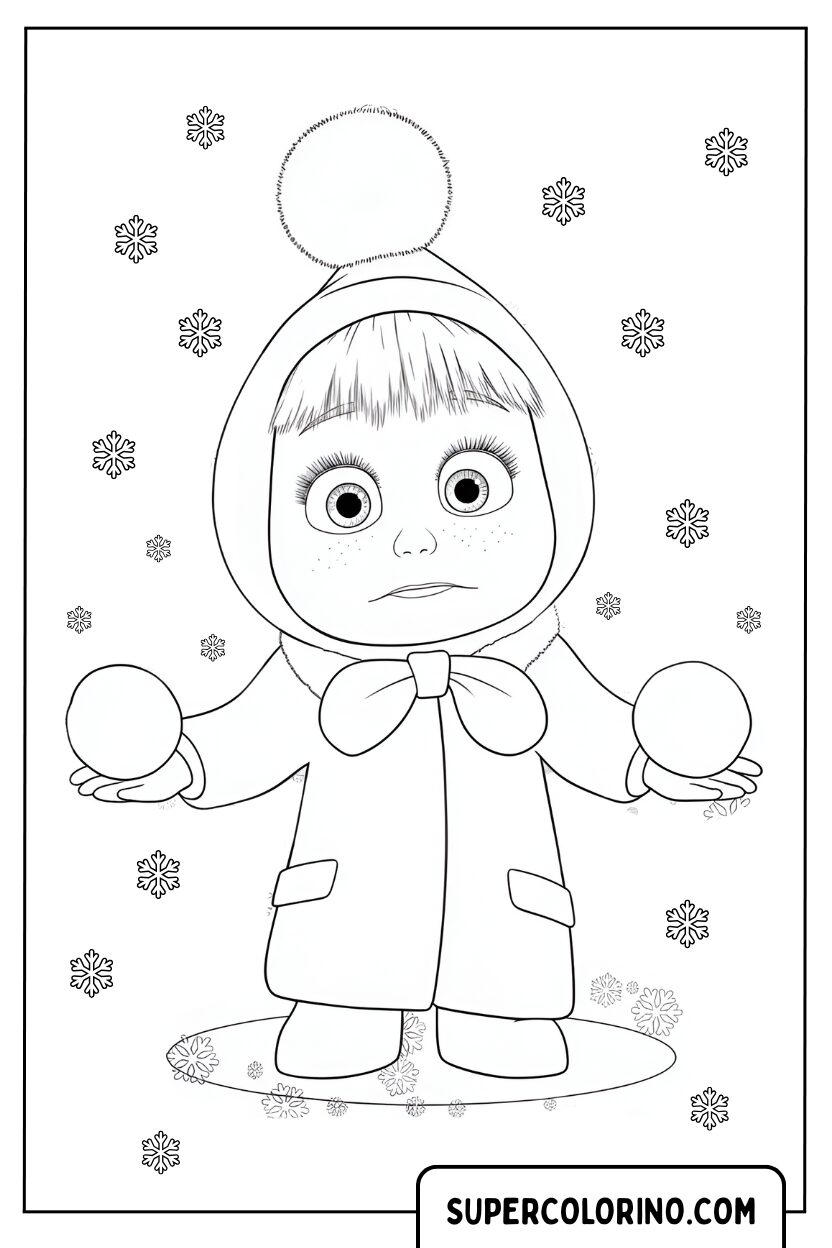 Coloriage Masha jouant avec des boules de neige