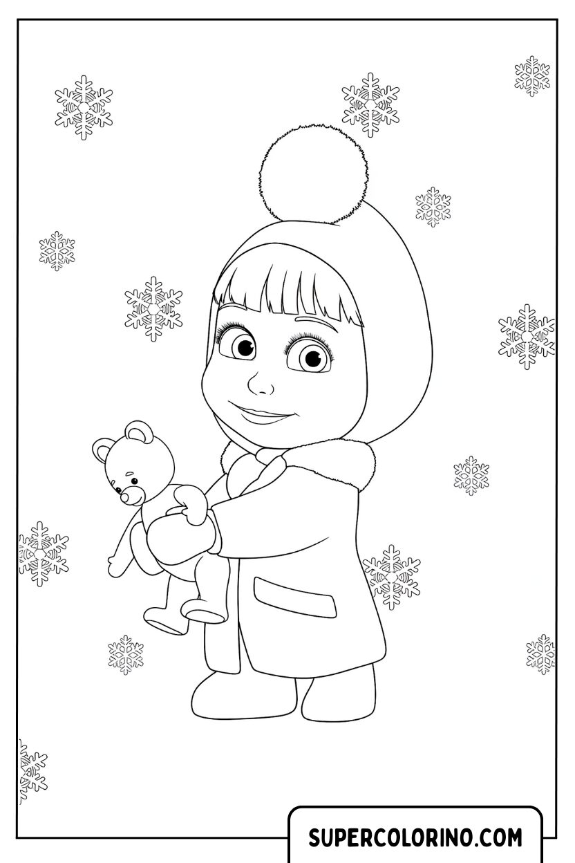 Coloriage de Masha avec manteau d'hiver et bonhomme de neige