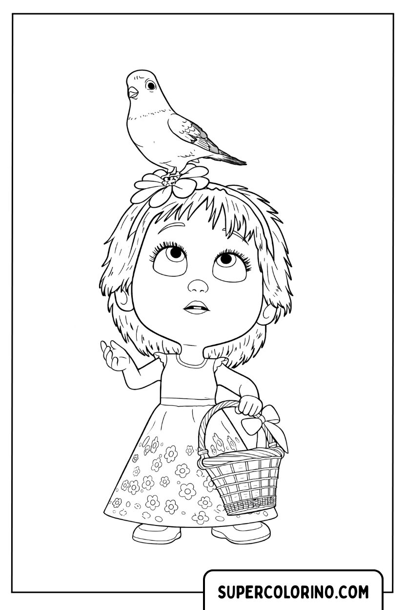 Coloriage Masha avec un oiseau sur la tête