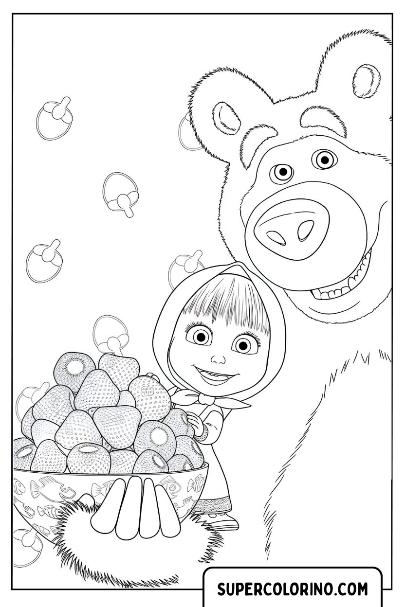 Coloriage Masha et l'ours avec un panier de baies