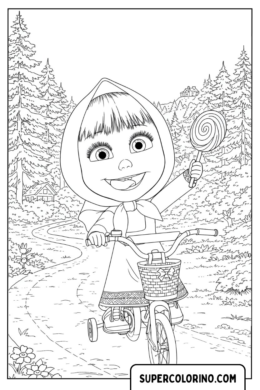 Coloriage Masha faisant du vélo dans les bois