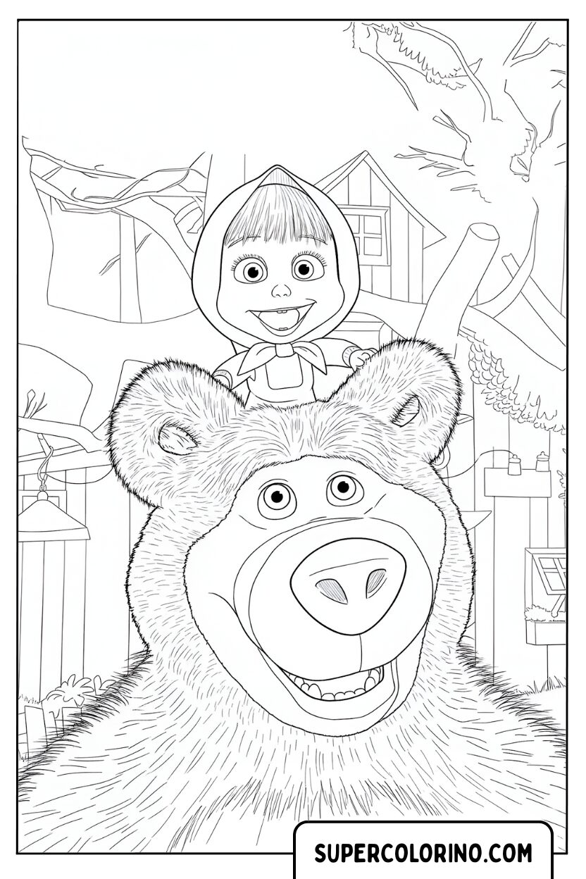 Coloriage Masha au-dessus de la tête de l'ours dans les bois