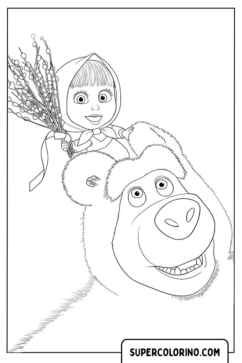 Coloriage Masha sur la tête de l'ours