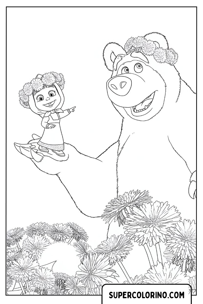 Coloriage Ours tenant Masha dans la paume de sa main