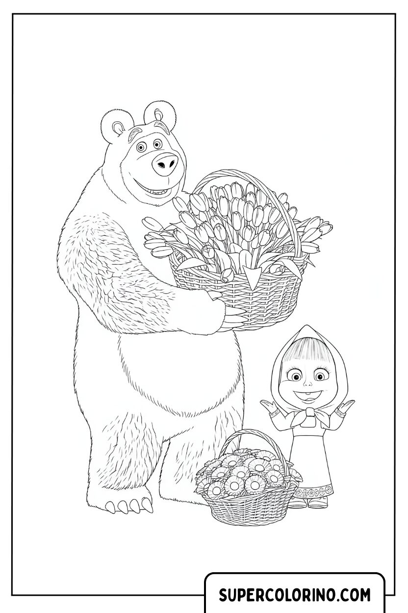 Coloriage Ours avec un énorme bouquet de fleurs pour Colorier