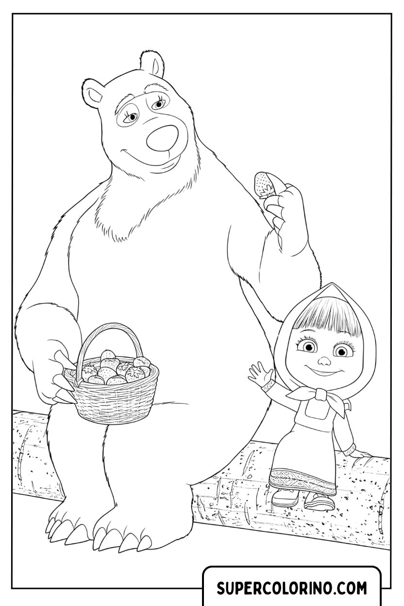 Coloriage Ours assis avec un panier et Masha