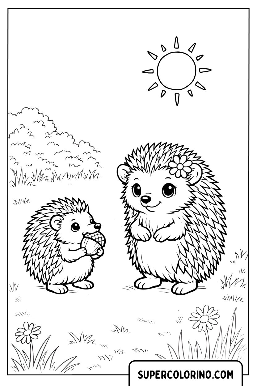 Coloriage de deux hérissons jouant au soleil
