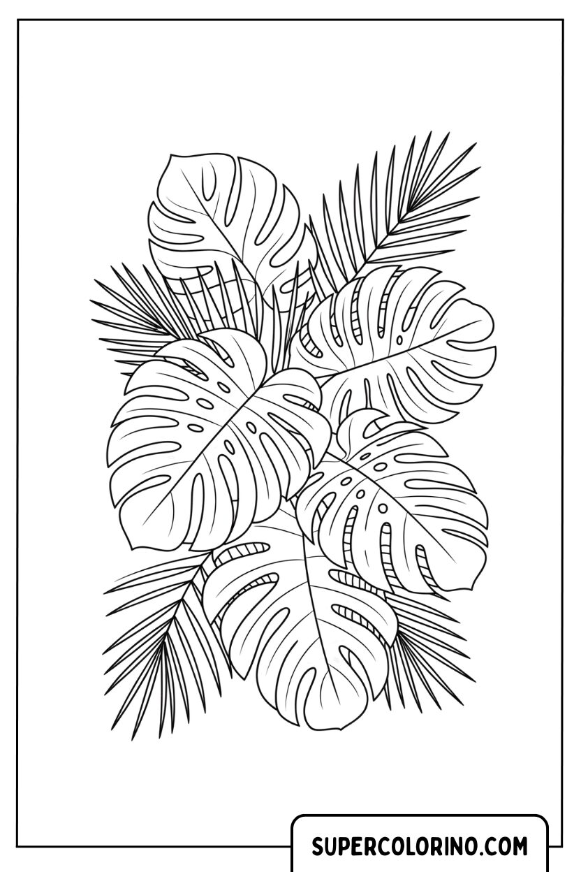 Ausmalbild: Monstera tropische Blätter