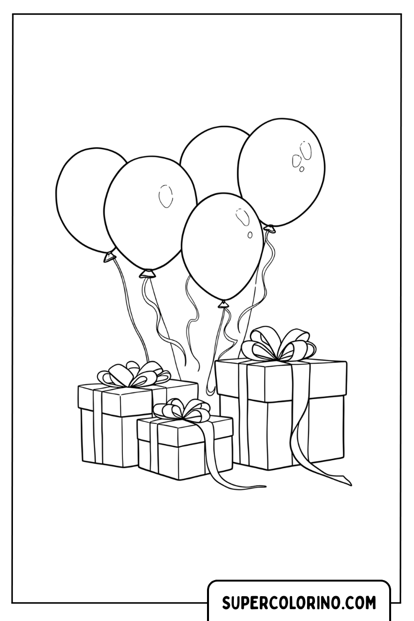 Malvorlage von Geschenkpaketen mit festlichen Luftballons