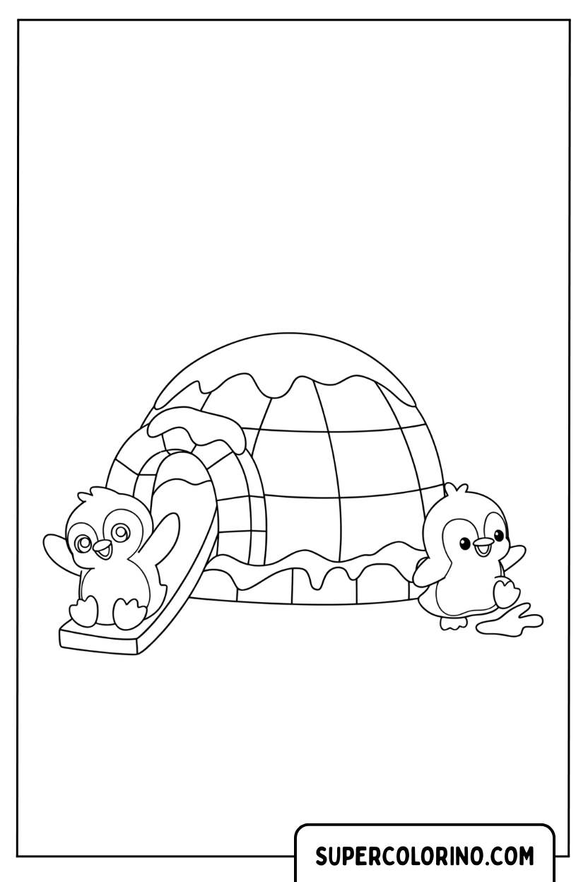 Coloriage de pingouins jouant avec l'igloo