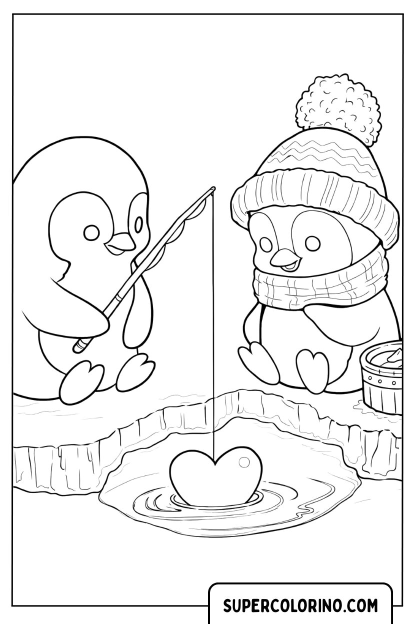 Coloriage de pingouins pêchant sur la glace