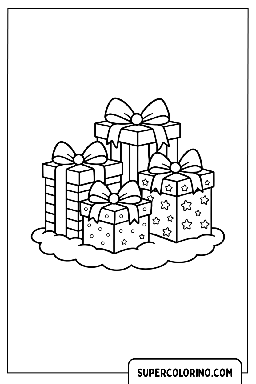 Malvorlage mit Weihnachtsgeschenken auf einer Schneewolke