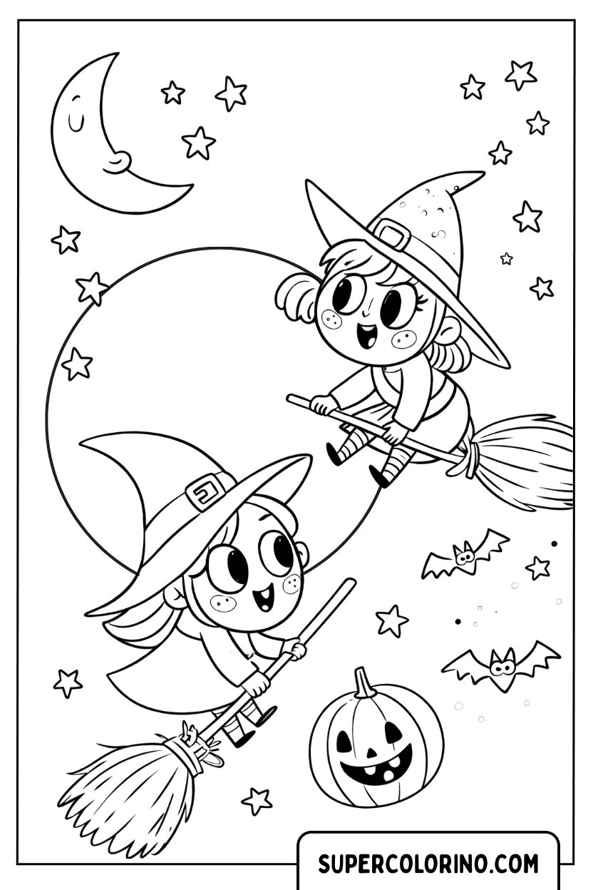 Disegno di streghette cartoon che volano insieme da colorare