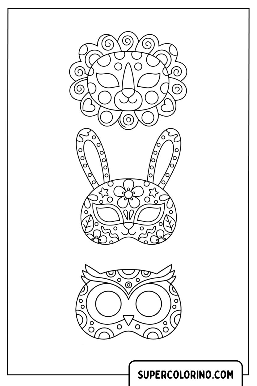 Malvorlage mit drei Tiermasken