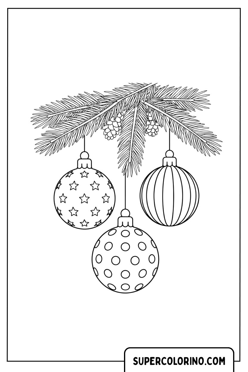 Coloriage de trois boules suspendues à une branche de pin
