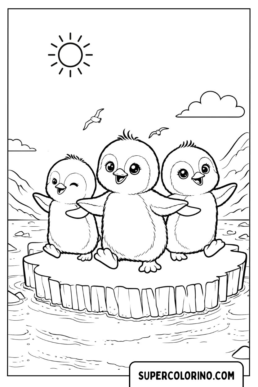 Coloriage de trois pingouins sur un iceberg