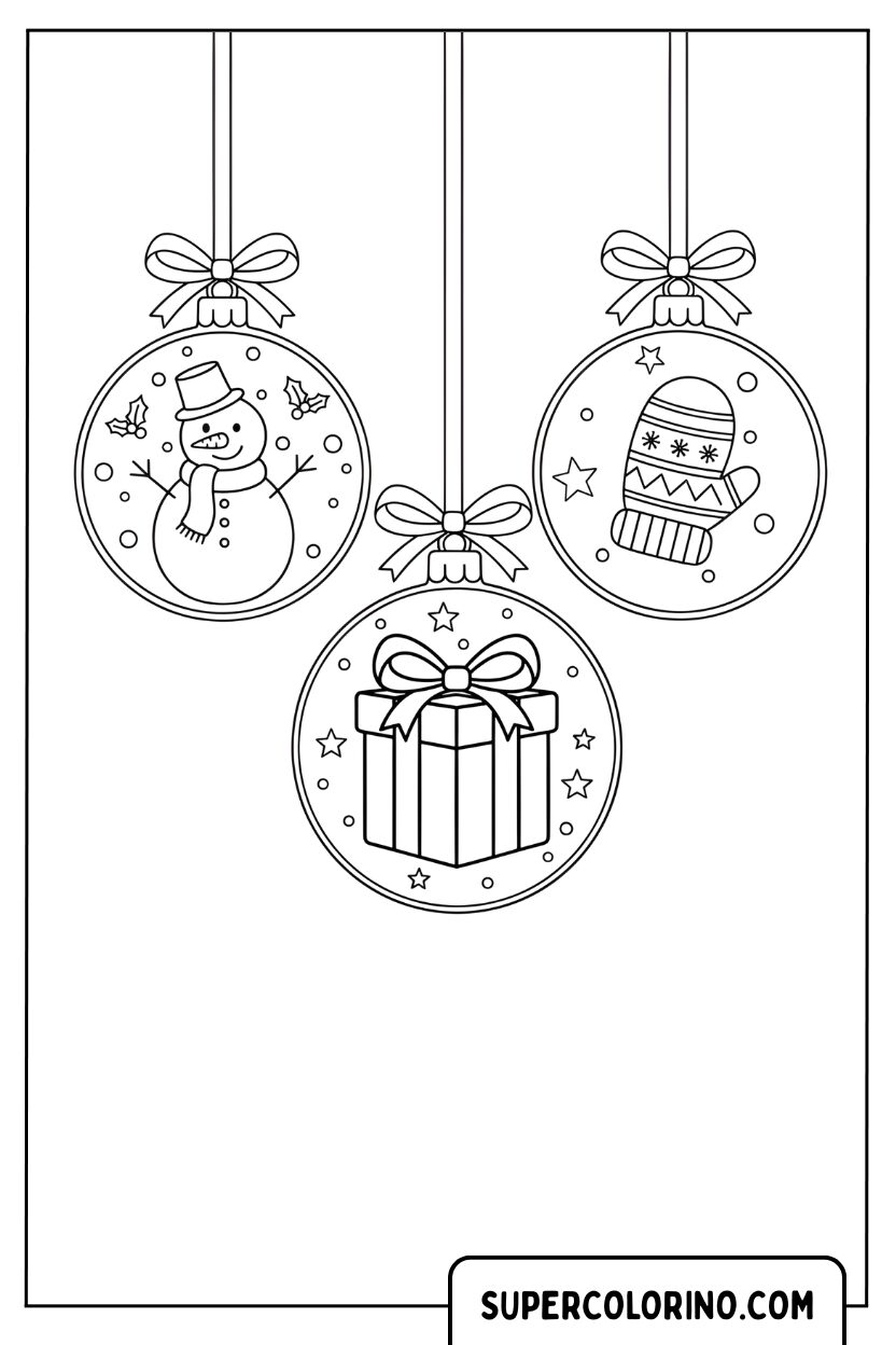 Coloriage de trois boules de Noël avec des icônes classiques
