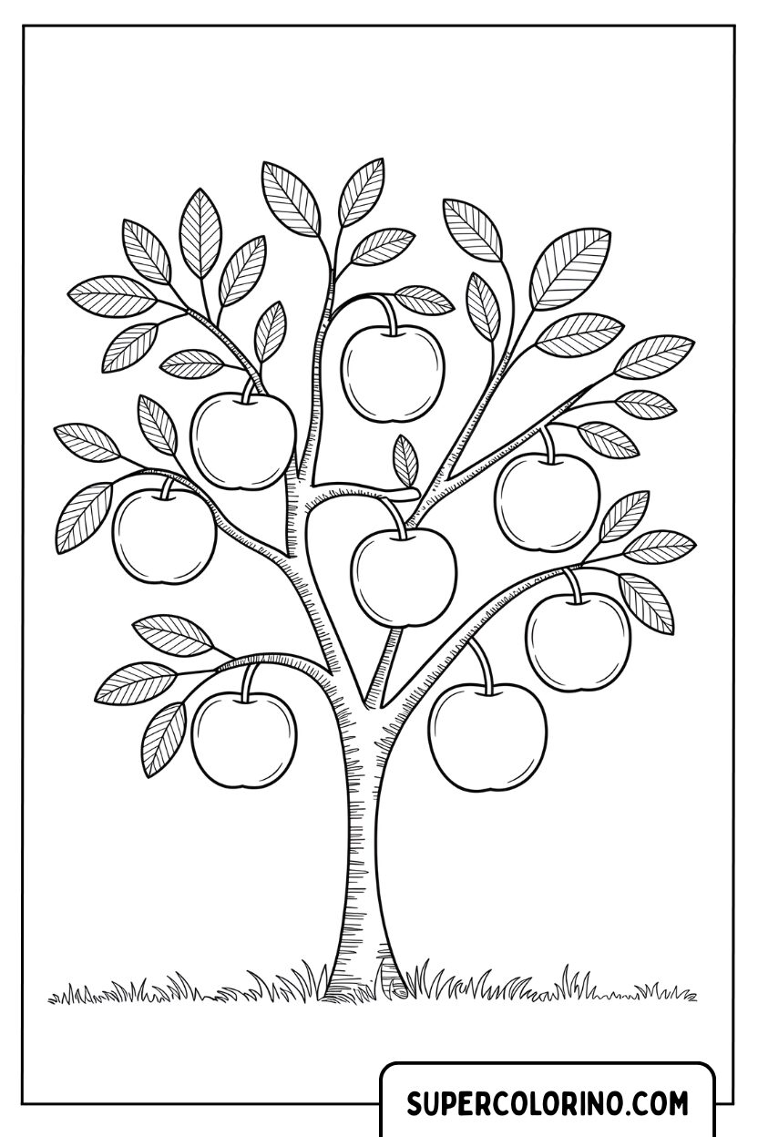 Disegno di un albero di mele dettagliato da colorare
