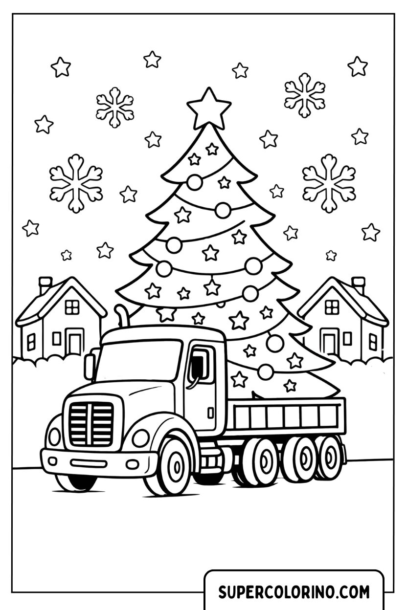 Disegno di un camion con albero di Natale da colorare