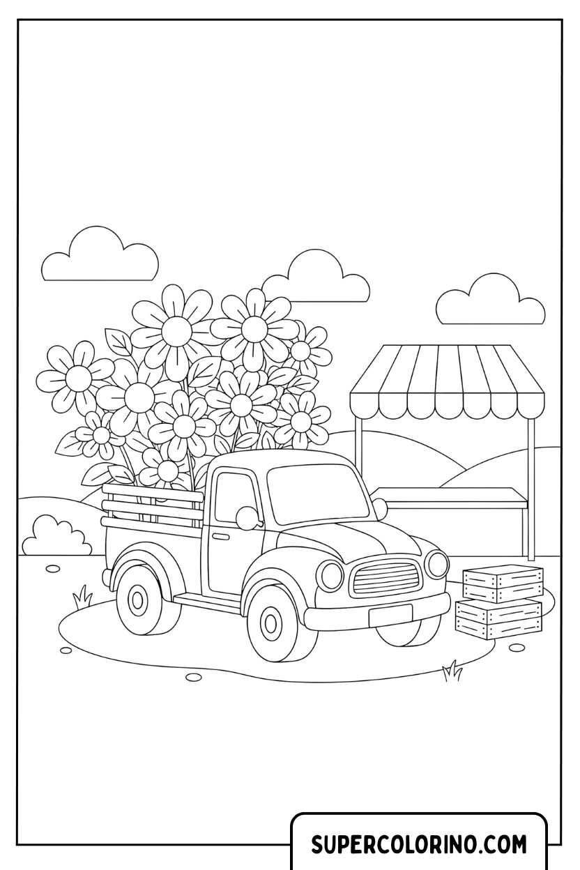 Disegno di un camion pieno di fiori da colorare