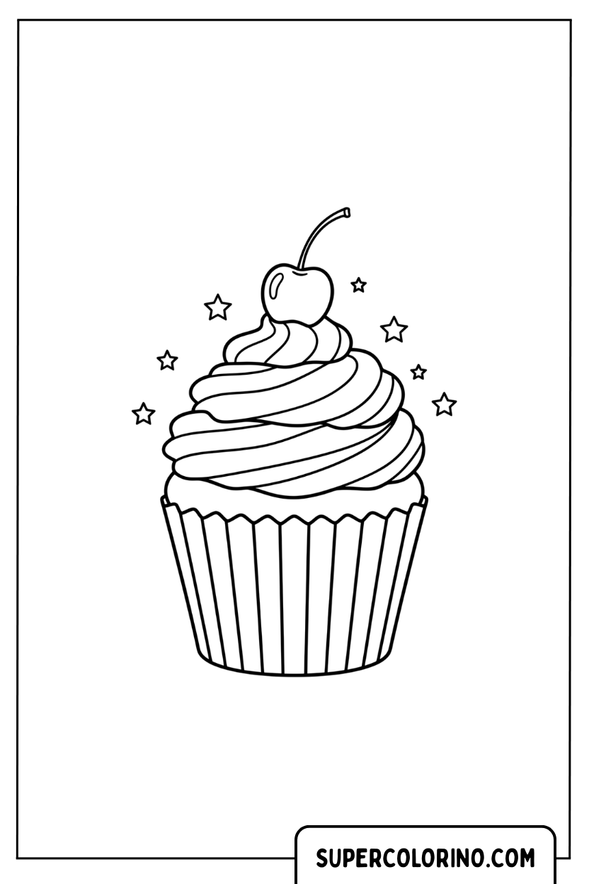 Kleurplaat van een magische cupcake met een kers