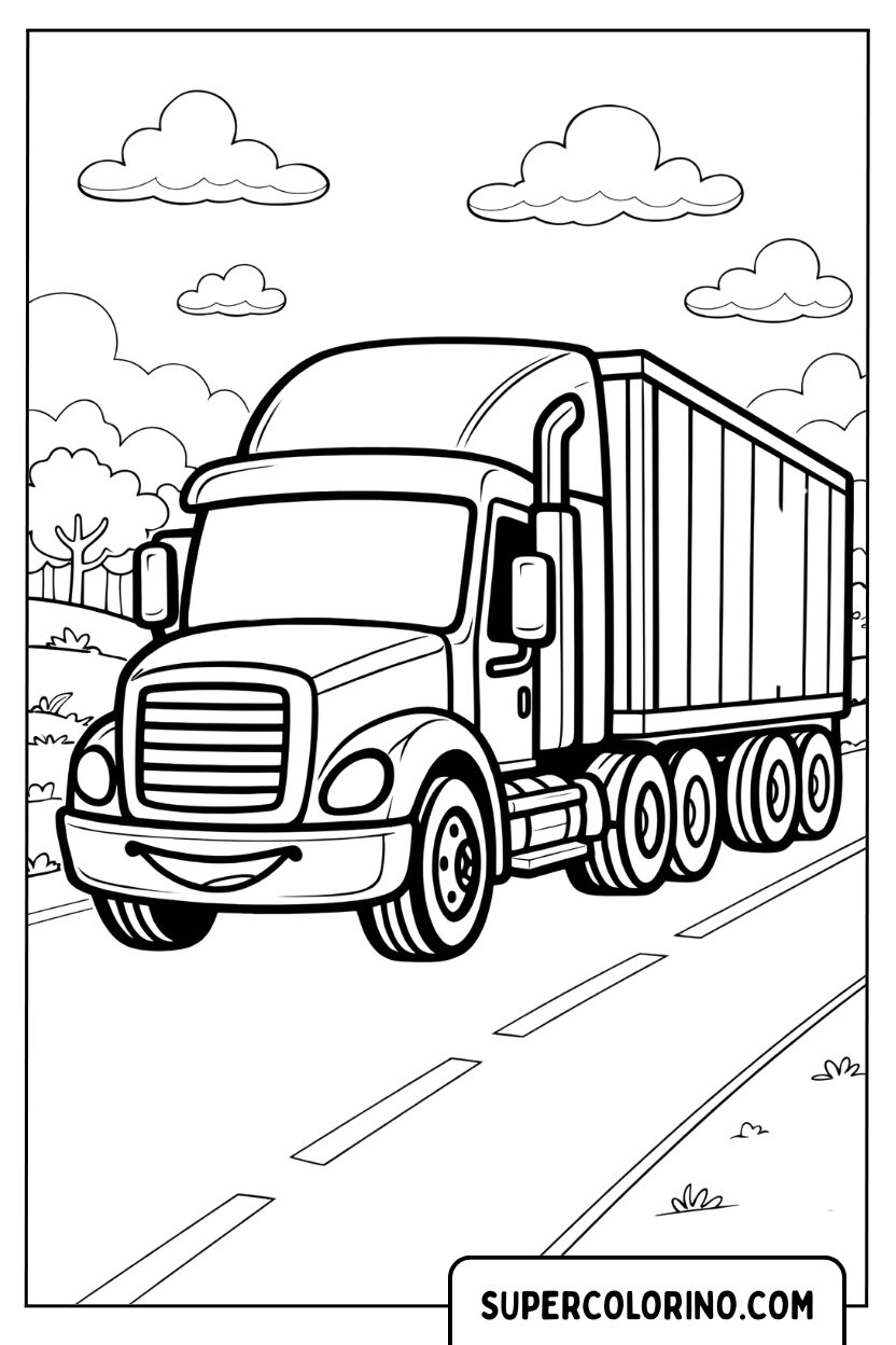 Disegno di un grande autoarticolato in autostrada da colorare