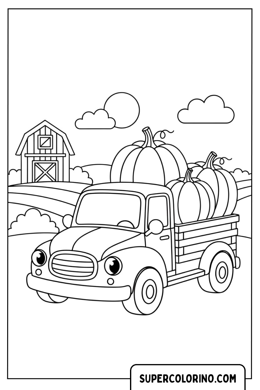 Disegno di un grande camion con zucche da colorare