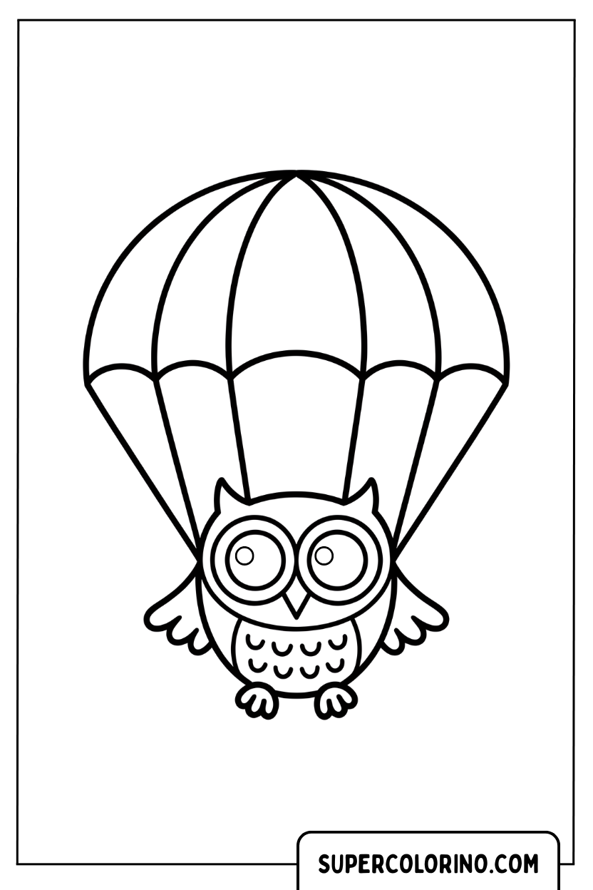 Kleurplaat van een steenuil die vliegt met een parachute