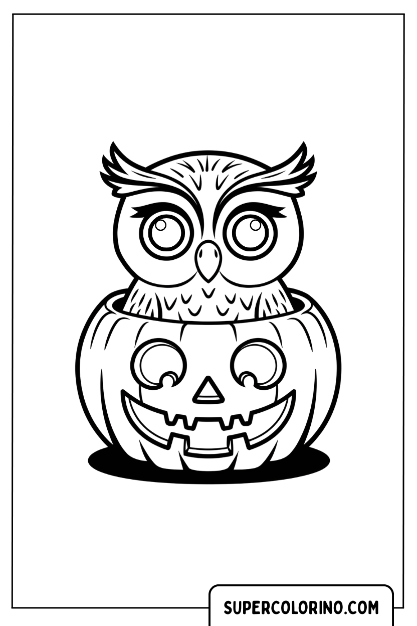 Kleurplaat van een uil in een Halloween-pompoen