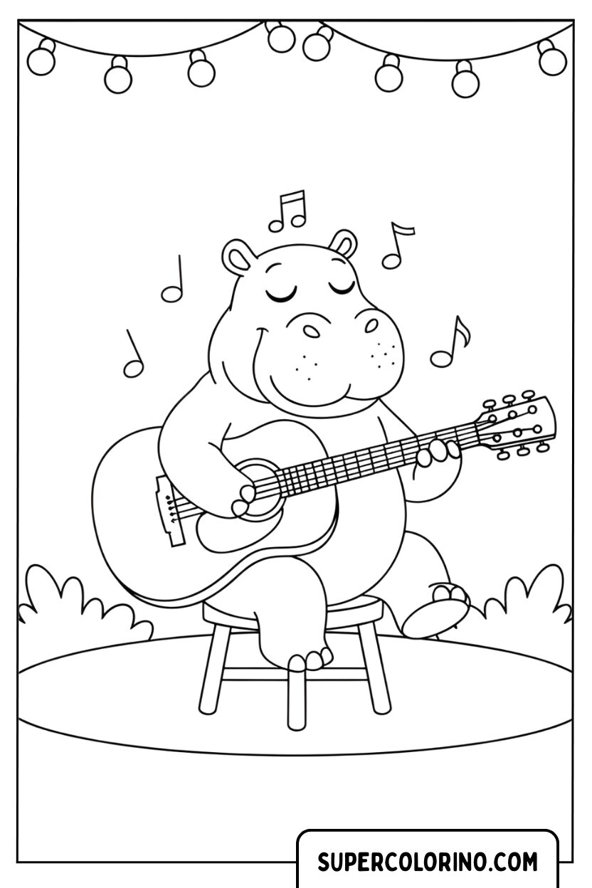Malvorlage eines Nilpferds, das Gitarre spielt
