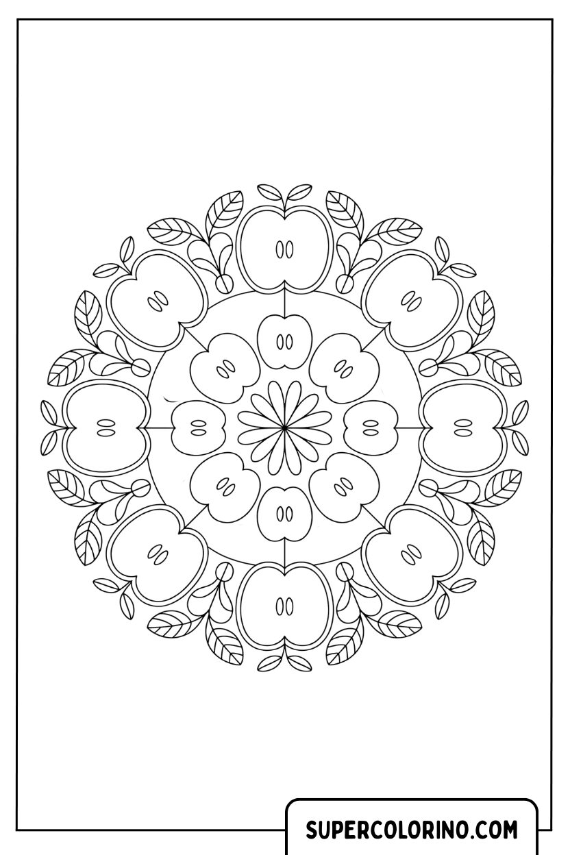 Disegno di un mandala circolare di mele da colorare
