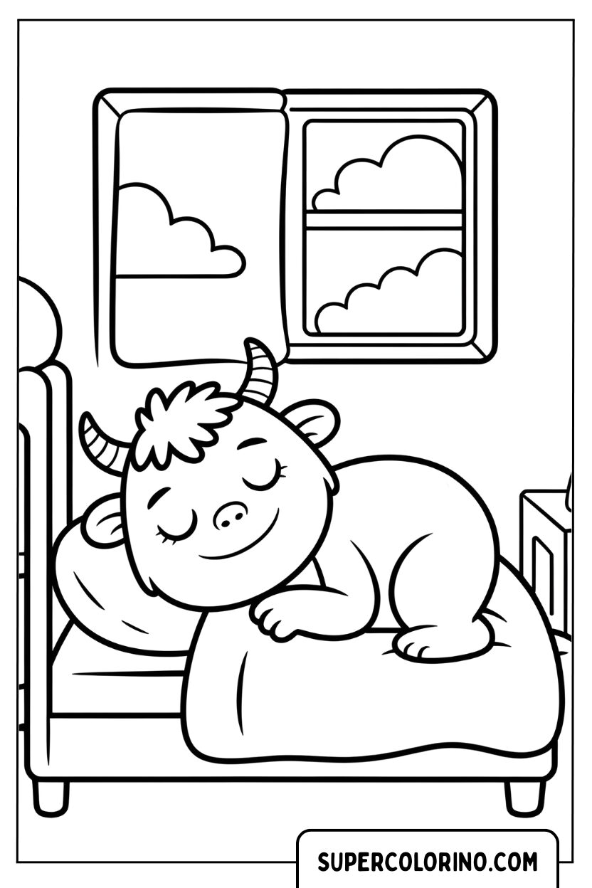 Zeichnung eines kleinen Monsters, das im Bett schläft
