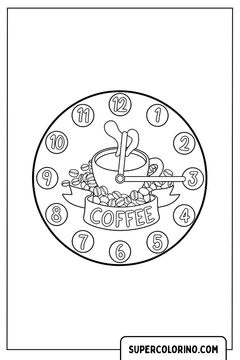 Kleurplaat van een keukenklok met koffiethema