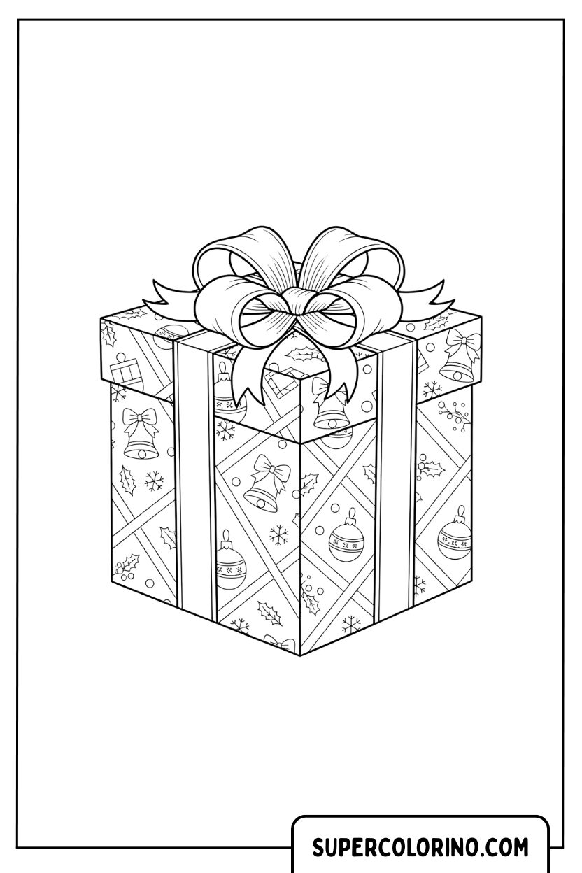 Malvorlage eines Geschenkpakets mit Weihnachtsdekoration